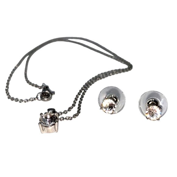 CZ Cubic Zirconia Necklace 20 Inches Earrings Pierced Silver Faceted - Picture 2 of 4